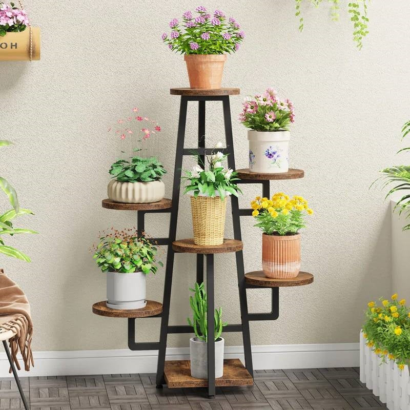 Modern Indoor Multi-Tier Plant Stand with Black Metal Frame and Wood Shelves-2