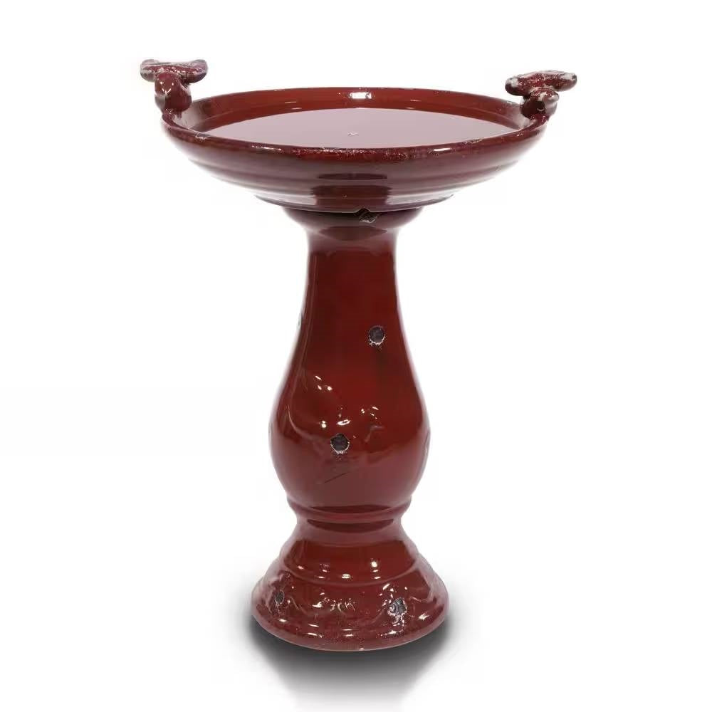 Outdoor Dark Red Ceramic Birdbath in Antique Finish-0