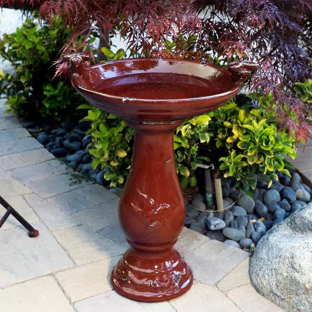 Outdoor Dark Red Ceramic Birdbath in Antique Finish-1