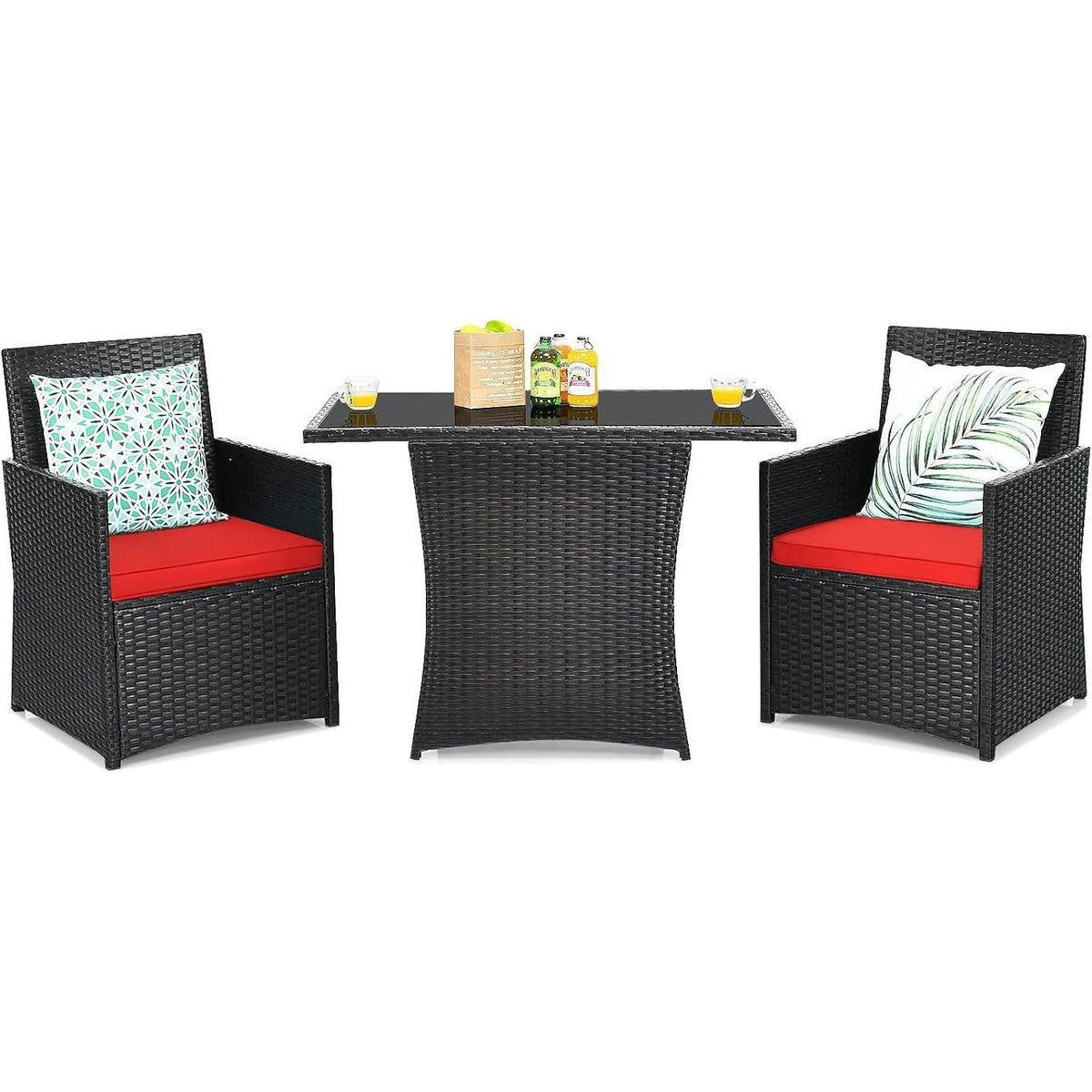 3-Piece Patio Furniture Outdoor Dining Set in Brown PE Rattan with Red Cushions-0