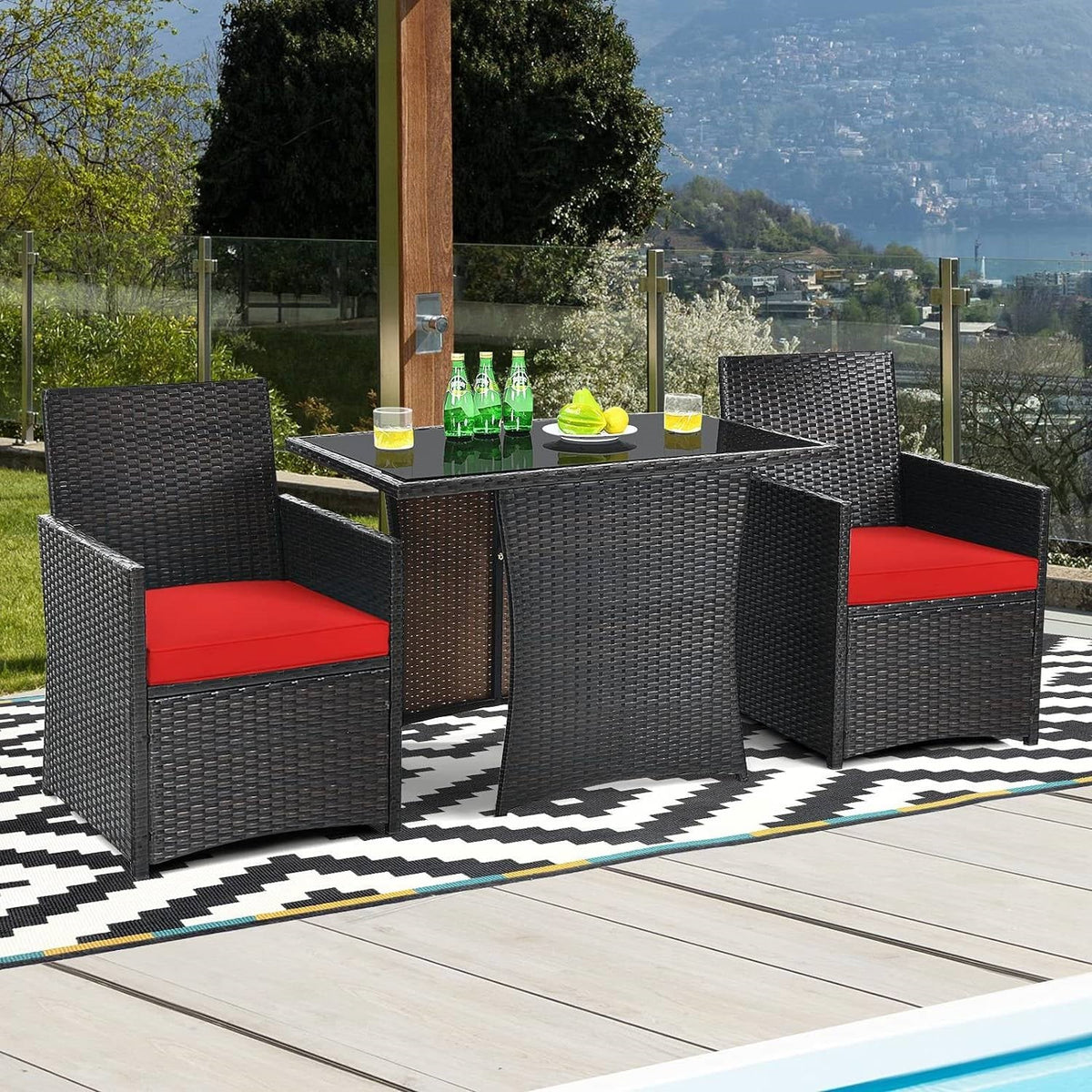 3-Piece Patio Furniture Outdoor Dining Set in Brown PE Rattan with Red Cushions-3