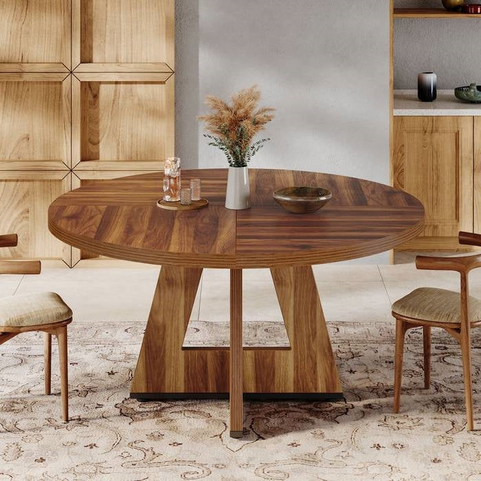 Farmhouse 47-inch Round Kitchen Dining Table in Vintage Brown Wood Finish-1