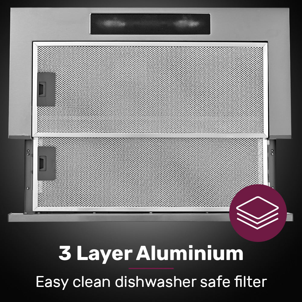 NNEMB 60cm Slideout Stainless Steel Rangehood, Quiet 2-Speed, 3-Layer Dishwashable Filters, Halogen Lights ESR60S-4