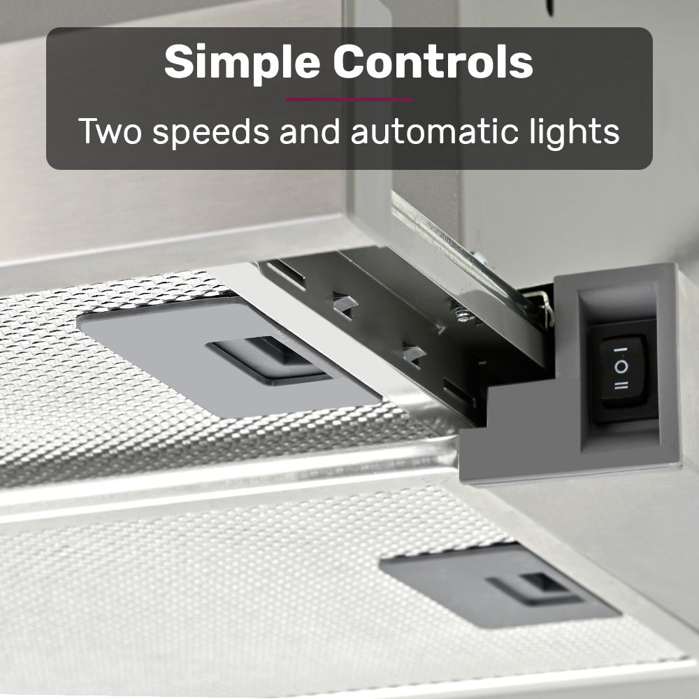 NNEMB 60cm Slideout Stainless Steel Rangehood, Quiet 2-Speed, 3-Layer Dishwashable Filters, Halogen Lights ESR60S-1
