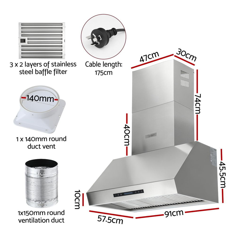 Devanti 900mm Range Hood 3-Speed Fan LED Display Remote Control-2