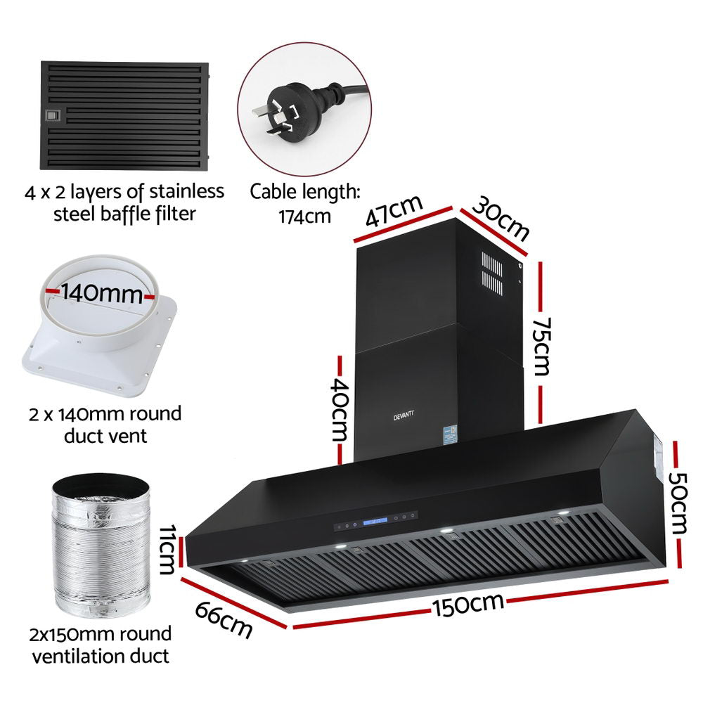 Devanti 1500mm Commercial BBQ Range Hood Dual Motor W/ Remote Control Black-2