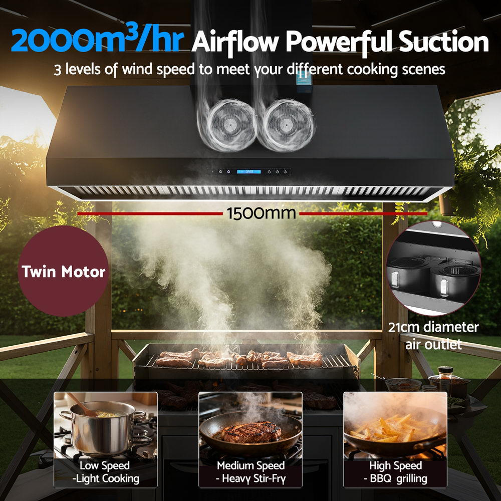 Devanti 1500mm Commercial BBQ Range Hood Dual Motor W/ Remote Control Black-4