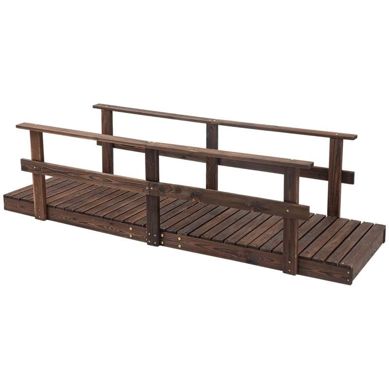 7 ft. Outdoor Wooden Garden Bridge with Hand Rails in Carbonized Wood Finish-0