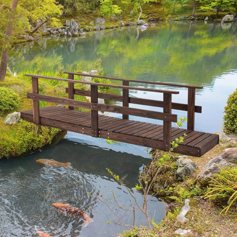 7 ft. Outdoor Wooden Garden Bridge with Hand Rails in Carbonized Wood Finish-1