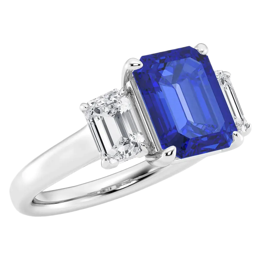 AGI Certified 6.50 CTW Lab-Grown Emerald-Cut Blue Sapphire and Diamond Three Stone Engagement Ring in 14K White Gold-4