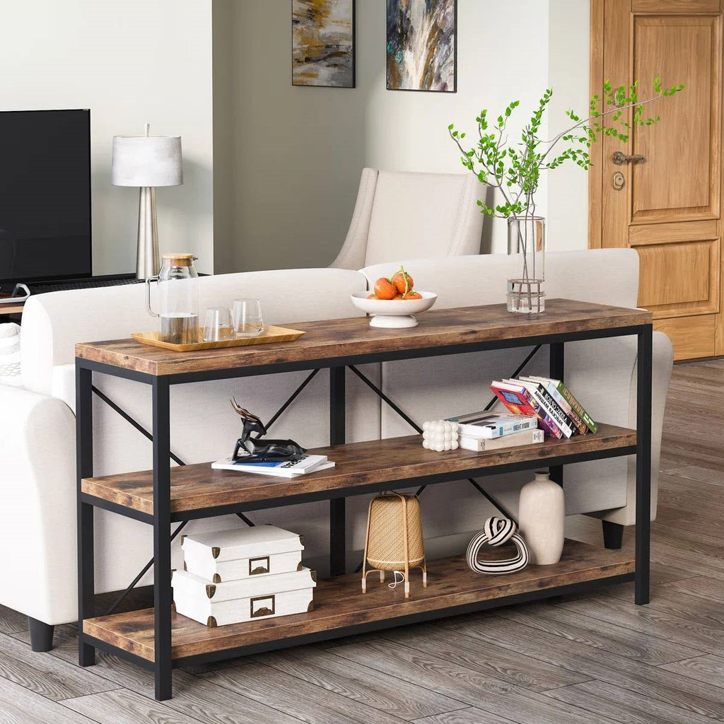 Industrial 55-inch Wood Shelf Console Sofa Table with Sturdy Black Metal Frame-0