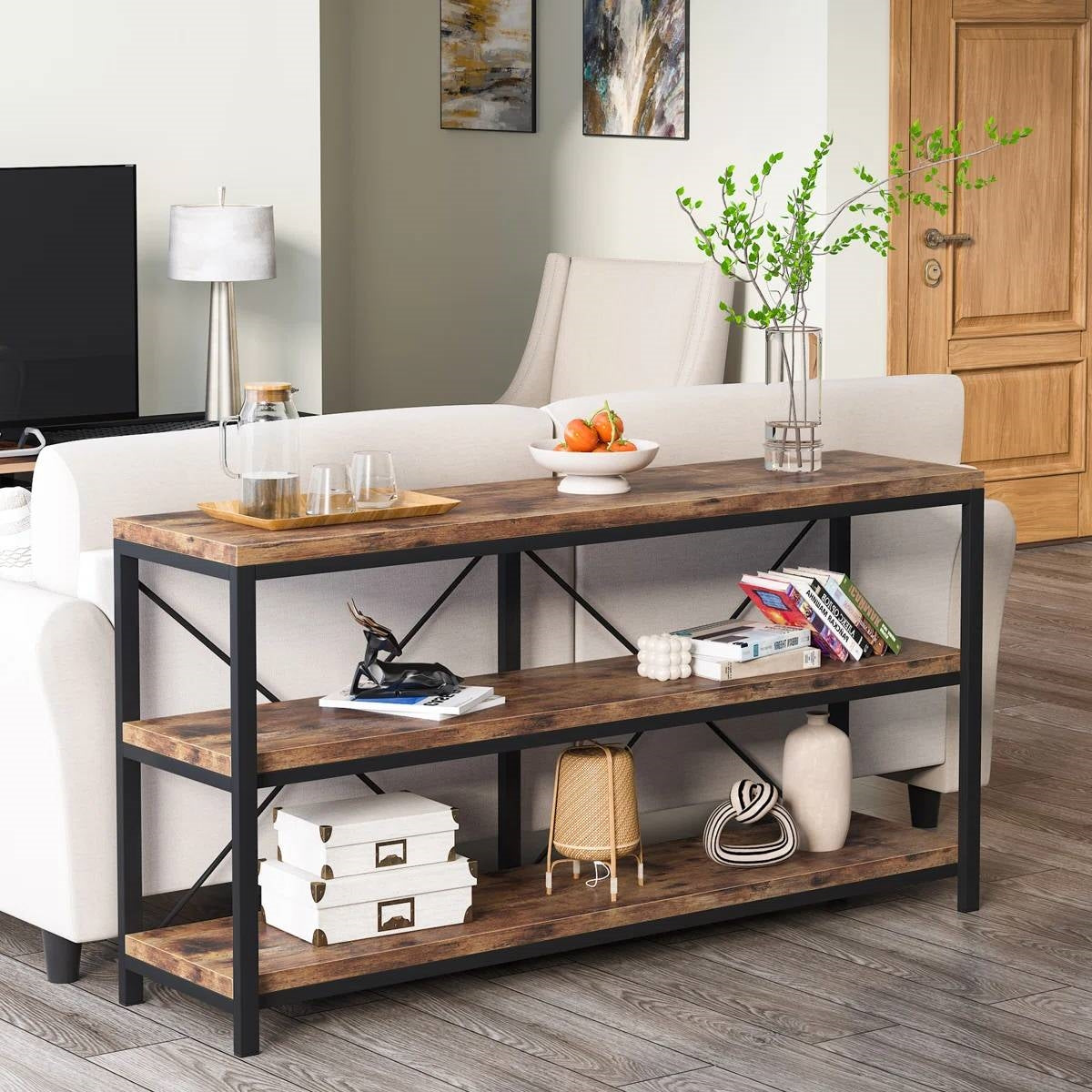 Industrial 55-inch Wood Shelf Console Sofa Table with Sturdy Black Metal Frame-0