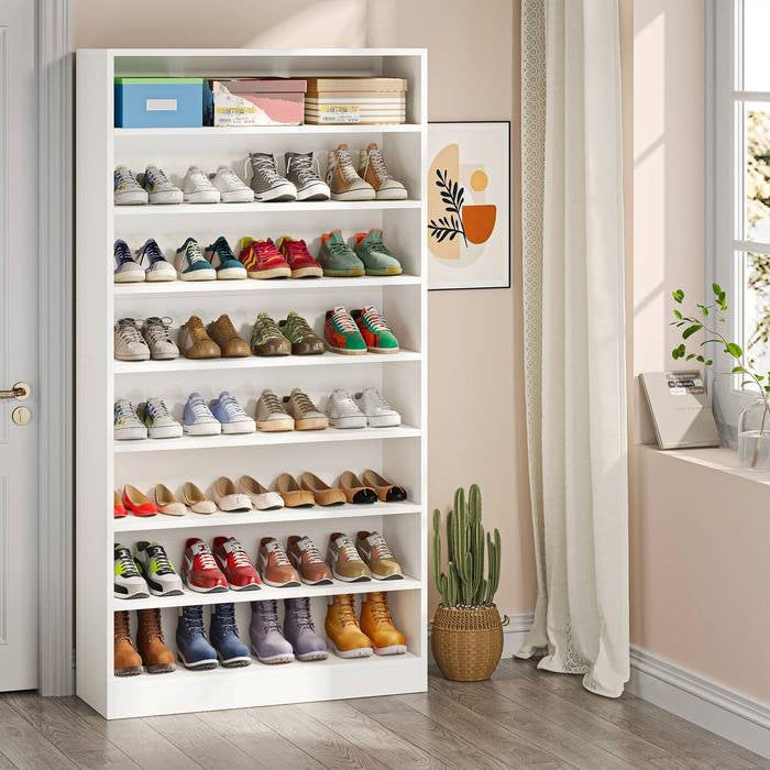 Modern 8-Shelf Shoe Rack Shelving Unit for Closet Storage in White Wood Finish-0