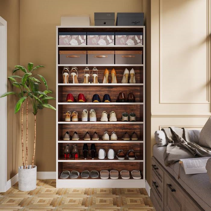 9 Tier White/Brown Wood Shoe Storage Cabinet, Holds Up To 45 Pairs-2