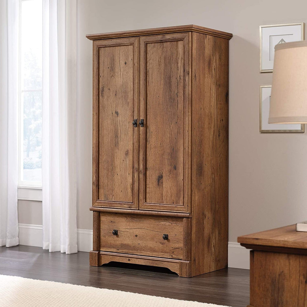 Rustic Oak Drawer and Garment Rod Wardrobe Armoire-1