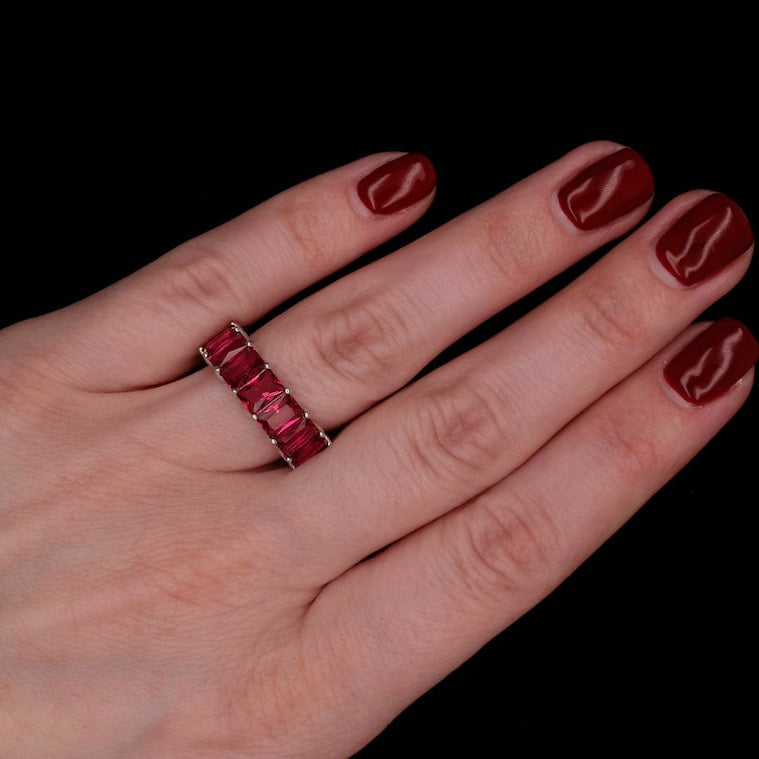 5.00 CTW Lab Grown Red Ruby Emerald Cut Eternity Ring in 18K Gold Over Sterling Silver-3
