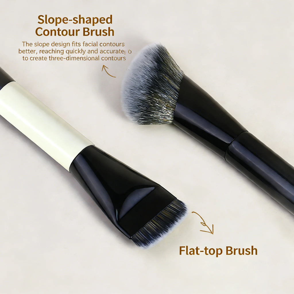 Dual-ended Makeup Brush Flat Foundation & Angled Contour Brush Soft Synthetic Hair Multi-function Cosmetic Beauty Tool