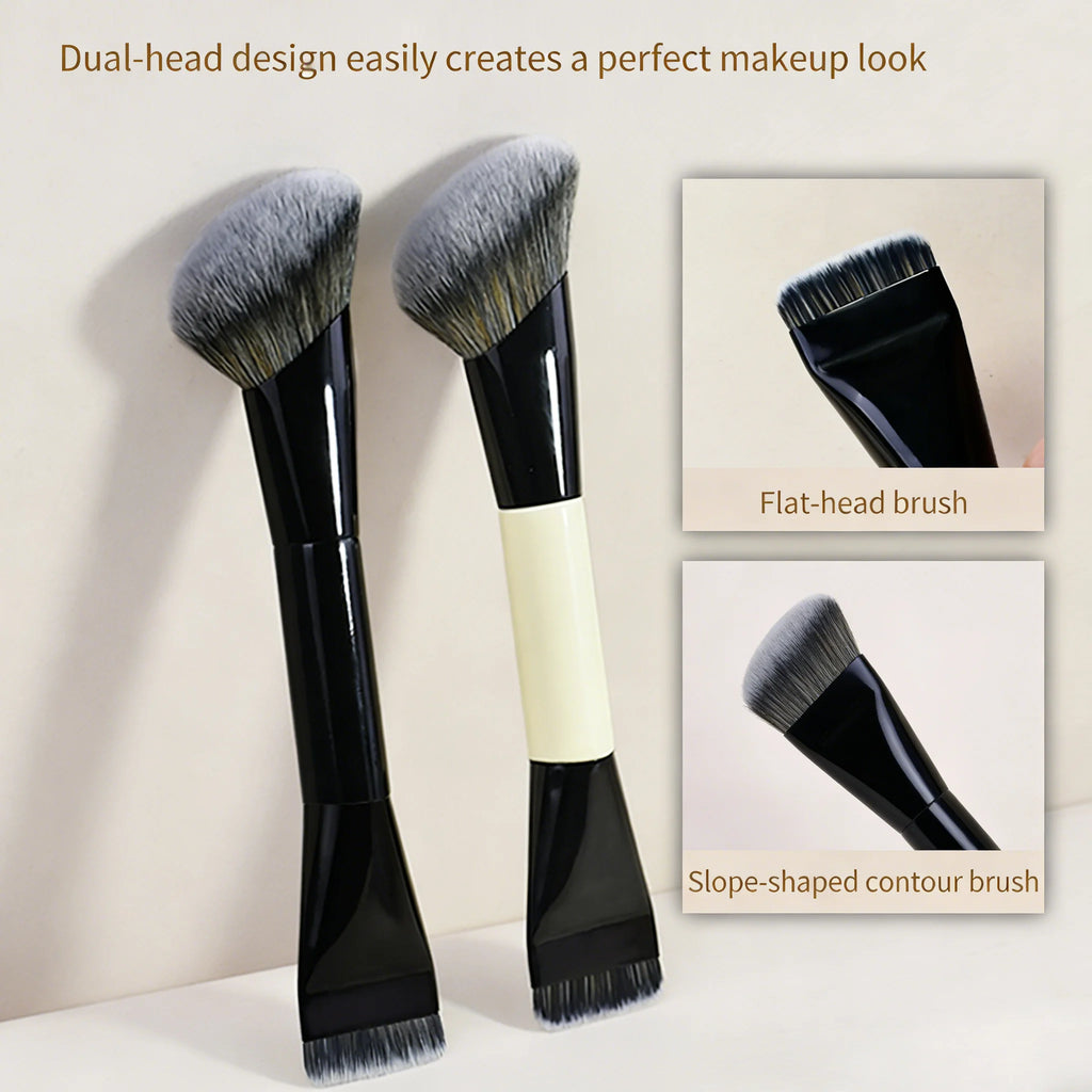 Dual-ended Makeup Brush Flat Foundation & Angled Contour Brush Soft Synthetic Hair Multi-function Cosmetic Beauty Tool