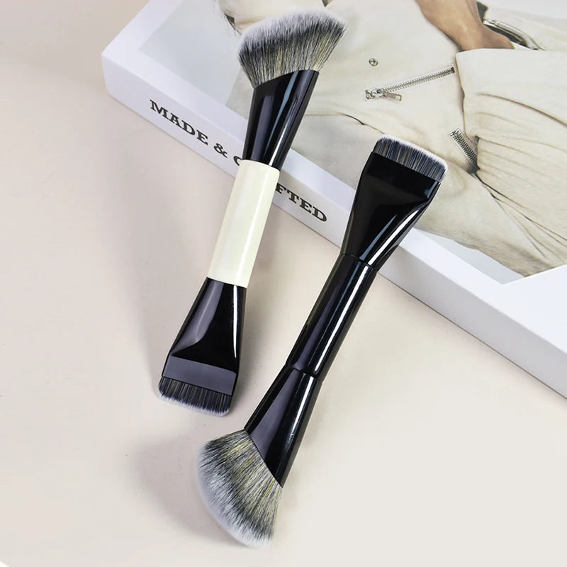 Dual-ended Makeup Brush Flat Foundation & Angled Contour Brush Soft Synthetic Hair Multi-function Cosmetic Beauty Tool