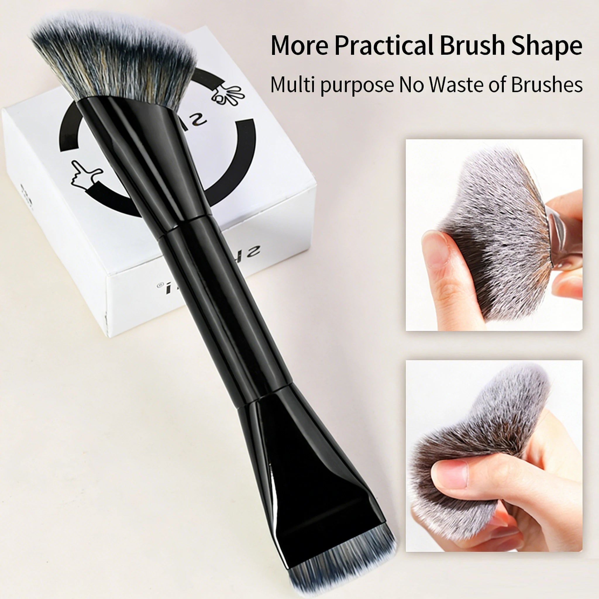 Dual-ended Makeup Brush Flat Foundation & Angled Contour Brush Soft Synthetic Hair Multi-function Cosmetic Beauty Tool