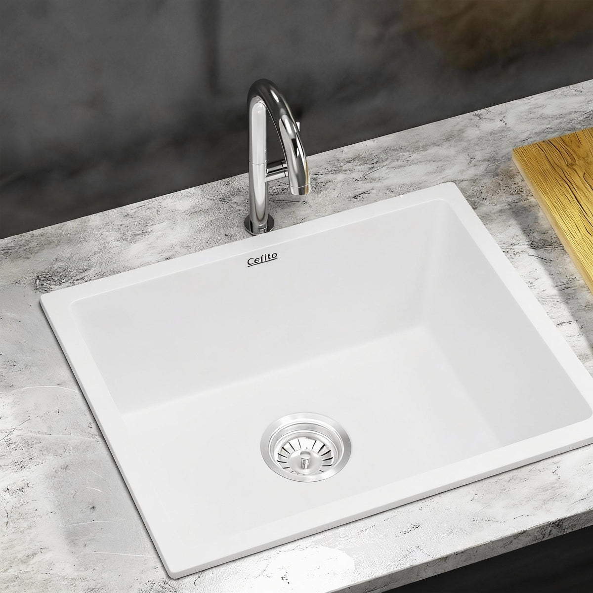 Cefito Kitchen Sink 55x45cm Granite Stone Sink Single Bowl White-1