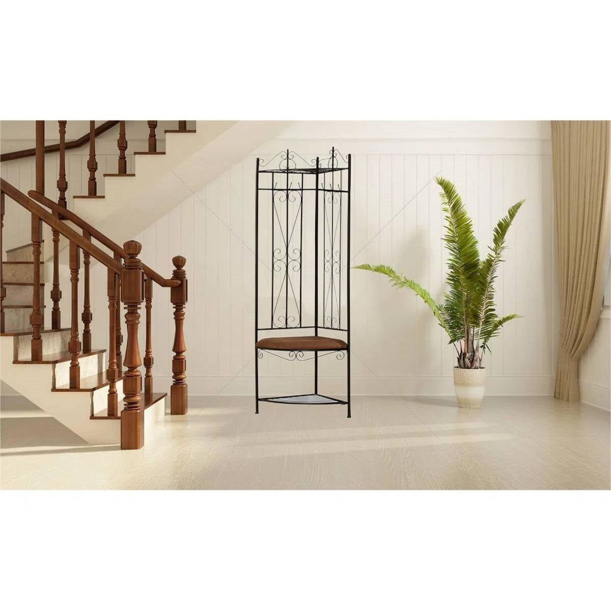 Black Metal Scrolling Corner Hall Tree Coat Rack Storage Bench-1