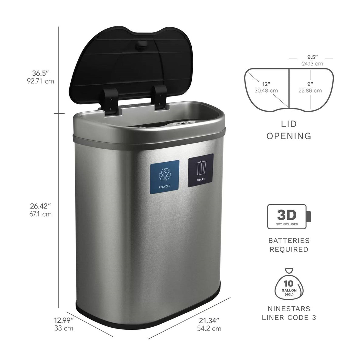 Dual Stainless Steel 18-Gallon Trash Can Recycle Bin with Motion Sensor Lid-3
