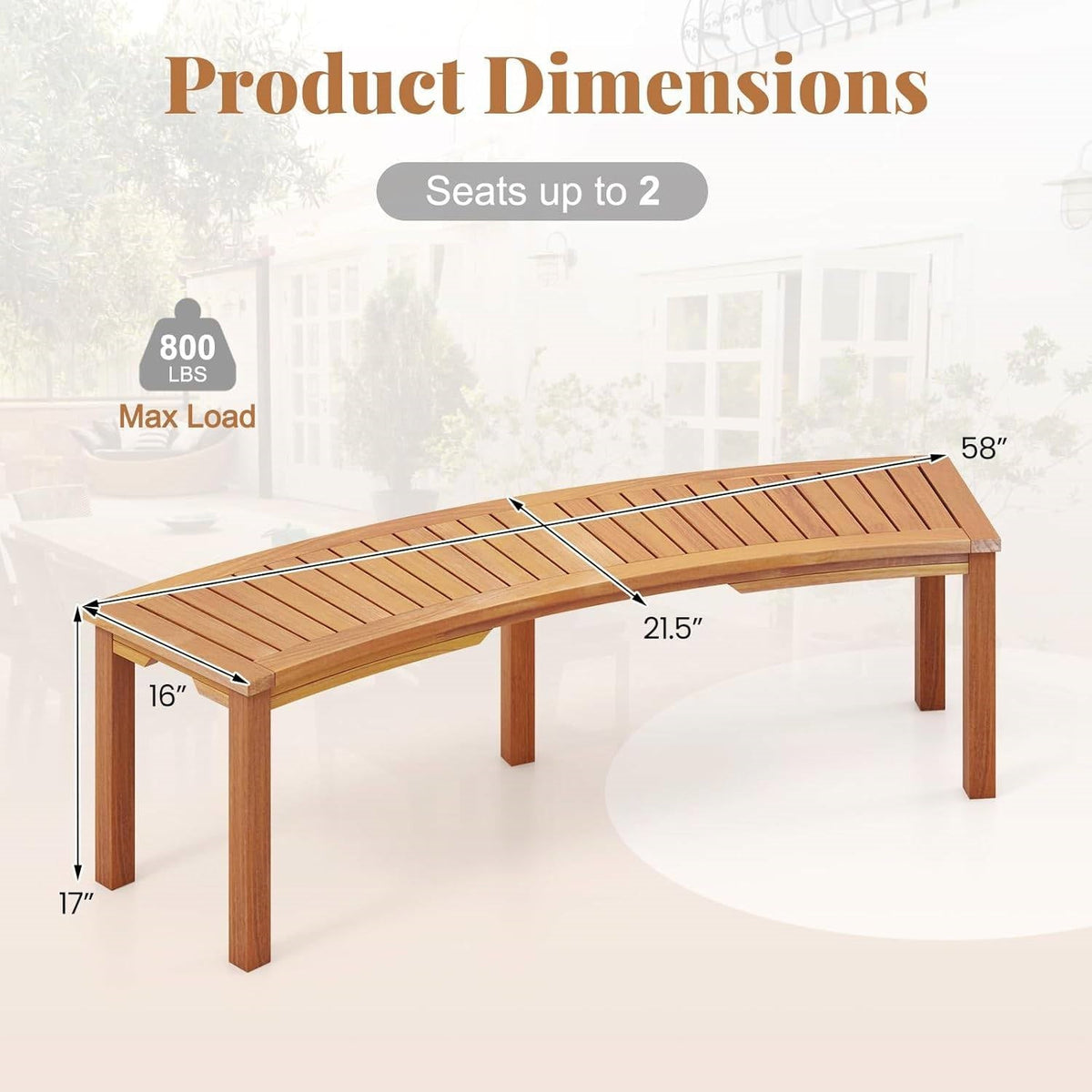 Set of 2 - Outdoor Backless Wooden Garden Bench with Modern Arch Design-4