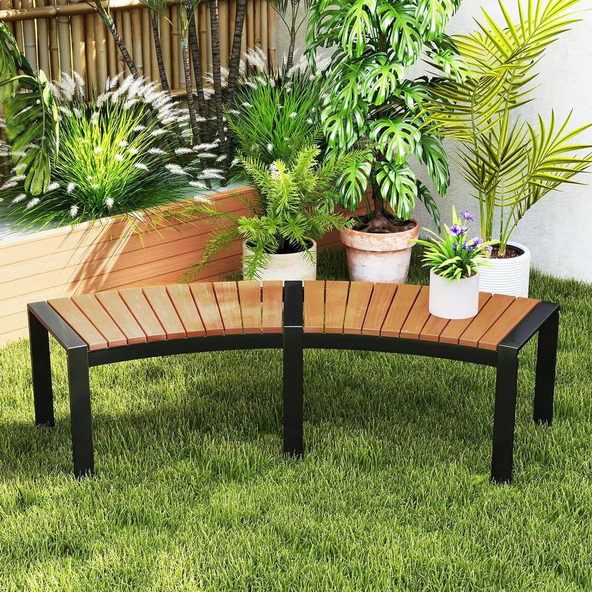Set of 2 - Outdoor Metal Wood Backless Garden Bench with Modern Curved Design-2