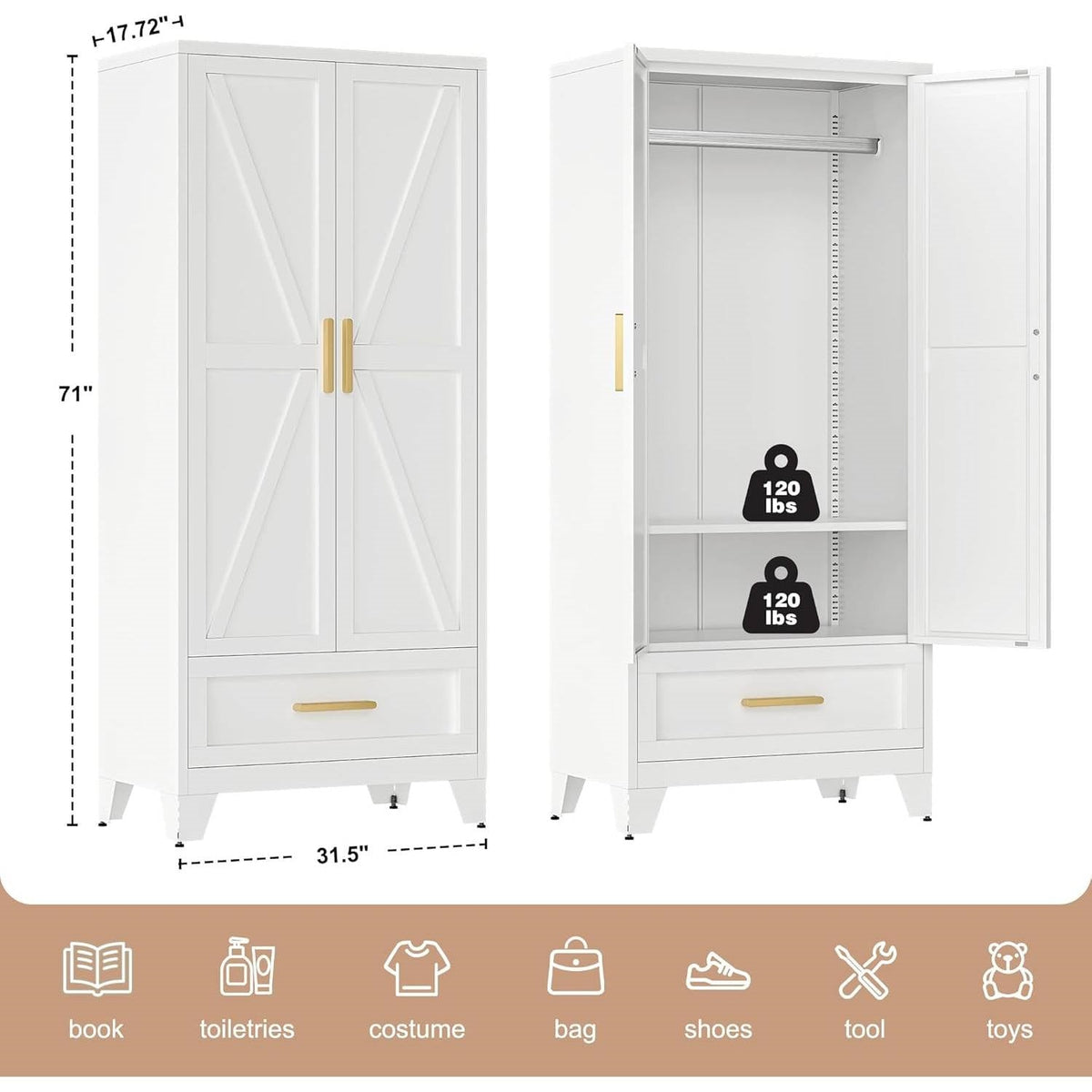White 2-Door Wardrobe Armoire Cabinet with Storage Drawer and Hanging Rod-4