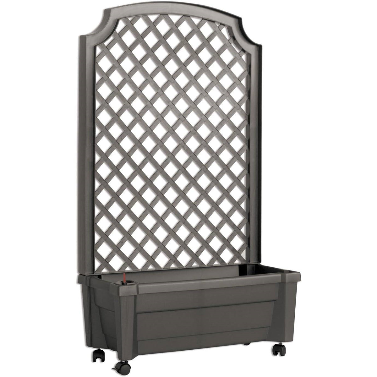 Outdoor Self-Watering Garden Planter with Trellis and Wheels in Grey Plastic-0