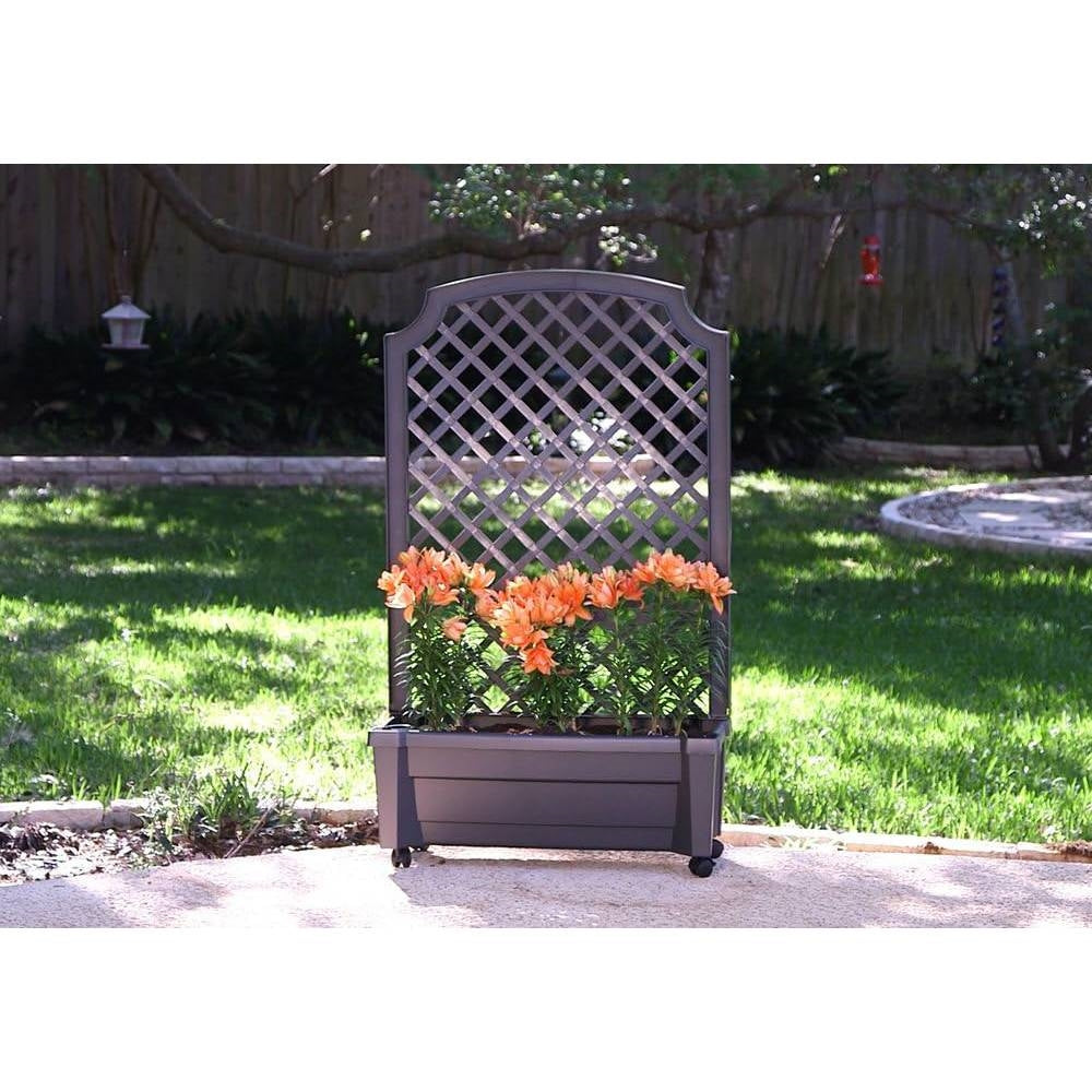 Outdoor Self-Watering Garden Planter with Trellis and Wheels in Grey Plastic-2