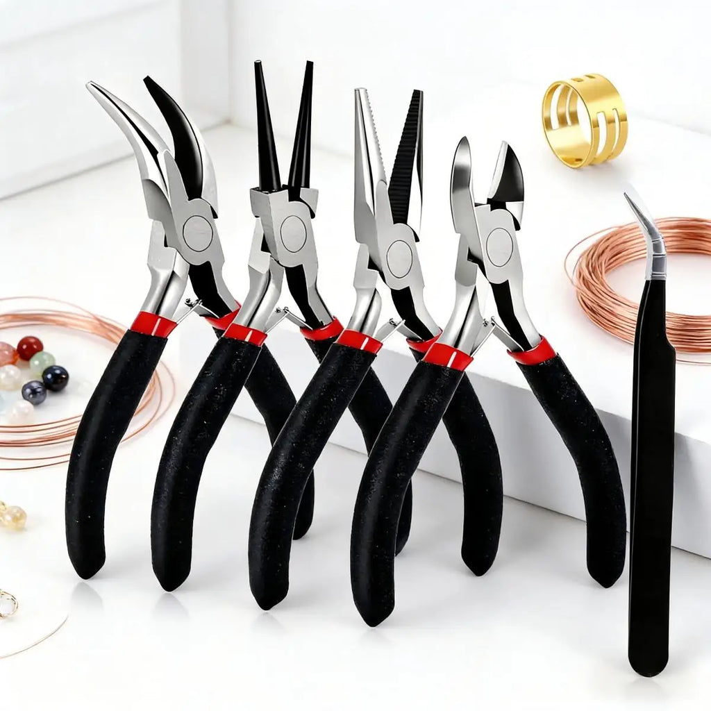 Complete Jewelry Making Tools Set: 4 Pliers (Bent Nose, Round Nose, Needle Nose, Side Cutter) + Tweezer for Jewelry Making, Wire