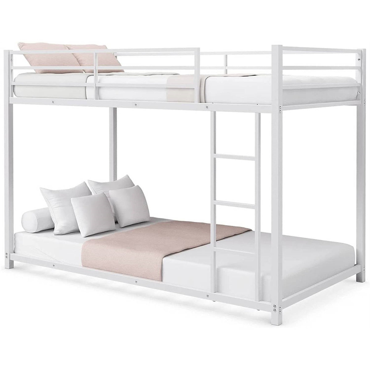 Twin over Twin Low Profile Modern Bunk Bed Frame in White Metal Finish-0