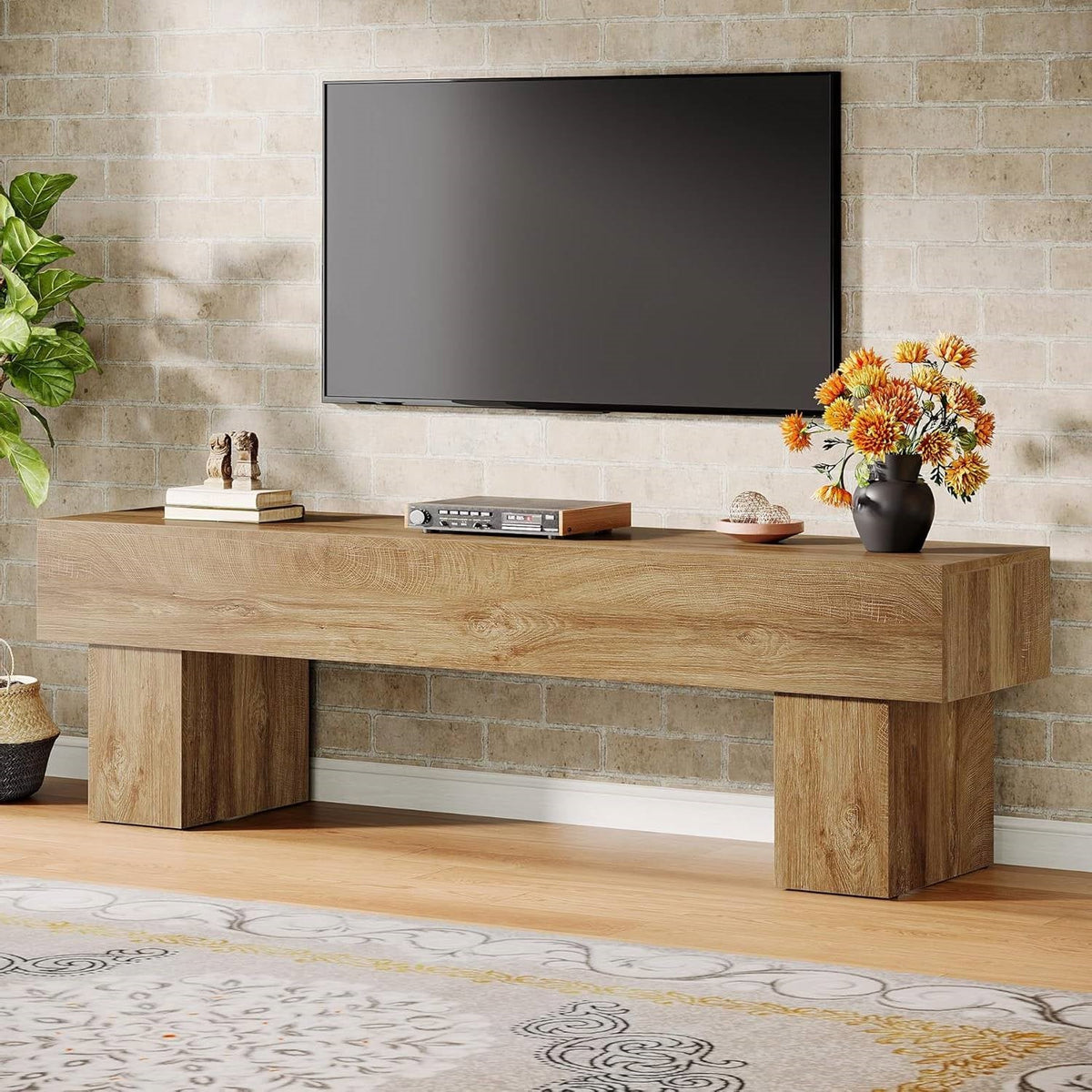 Farmhouse 63-inch TV Stand Entertainment Center in Light Brown Wood Finish-1