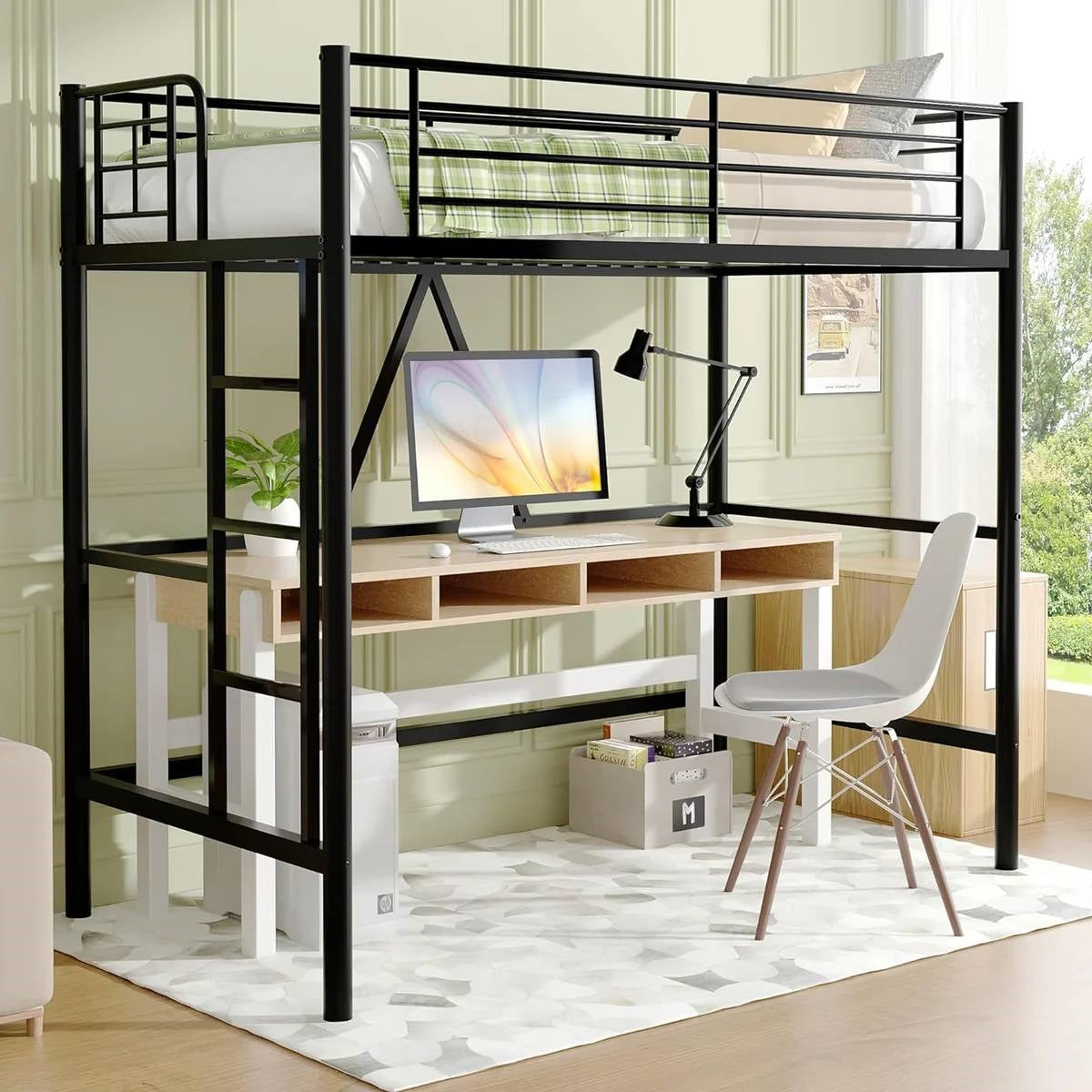 Twin size Black Metal Loft Bed Frame with Ladder - Space Saving Design-0
