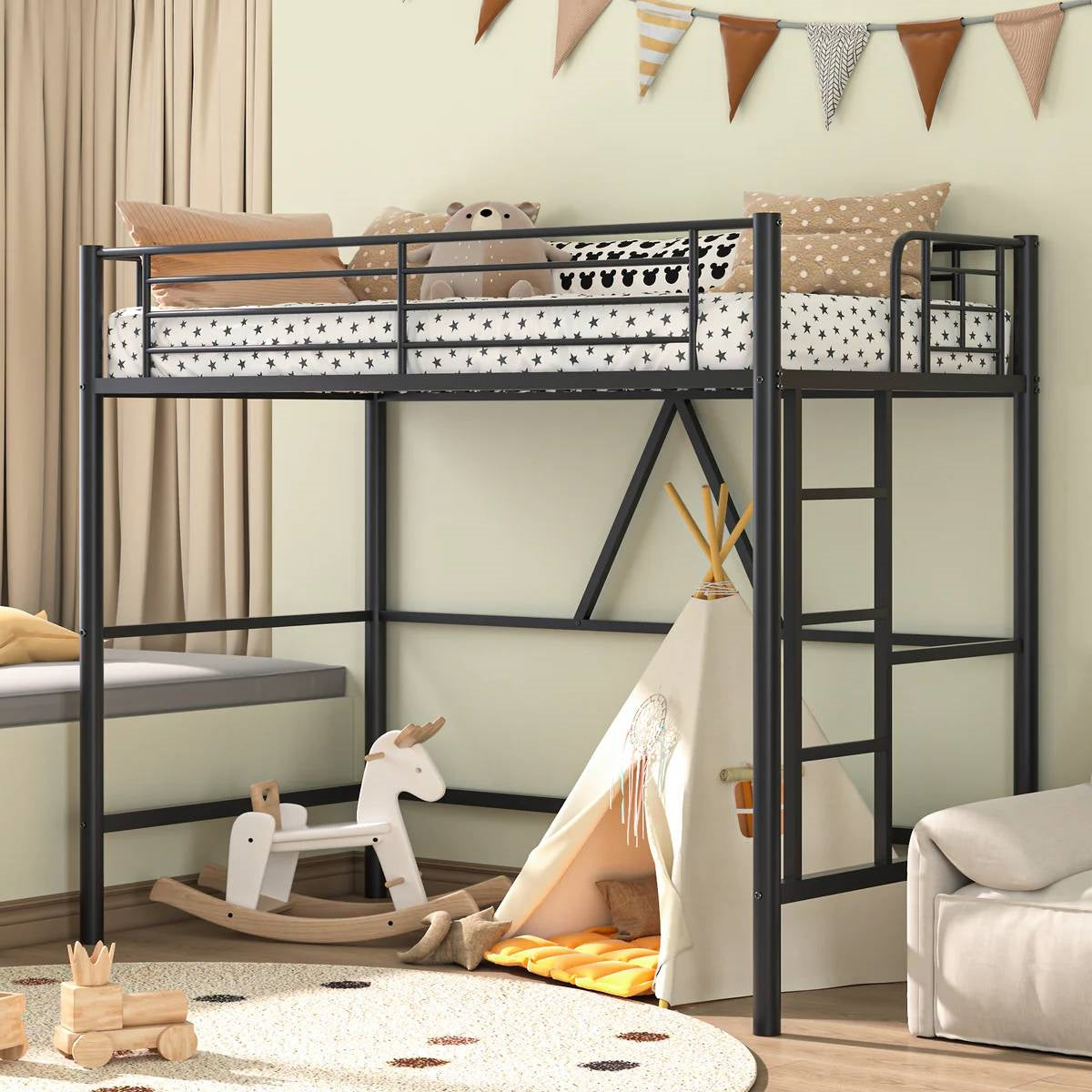Twin size Black Metal Loft Bed Frame with Ladder - Space Saving Design-2