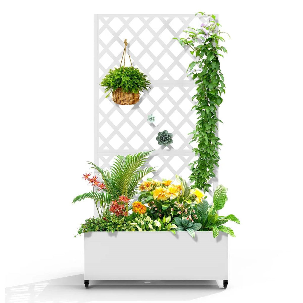 White Metal Outdoor Raised Garden Bed Planter Box with Trellis on Wheels-1