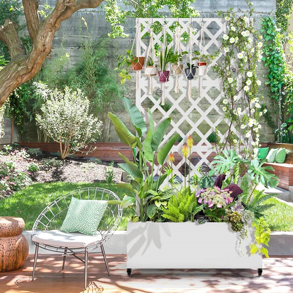 White Metal Outdoor Raised Garden Bed Planter Box with Trellis on Wheels-2