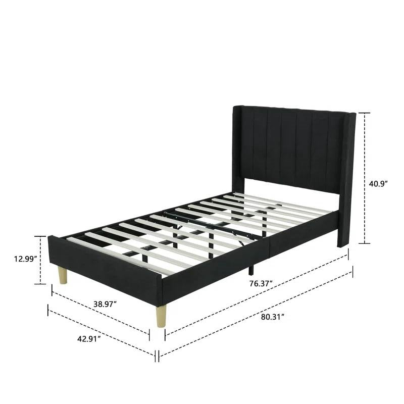 Twin size Mid-Century Black Linen Platform Bed Frame with Upholstered Headboard-4
