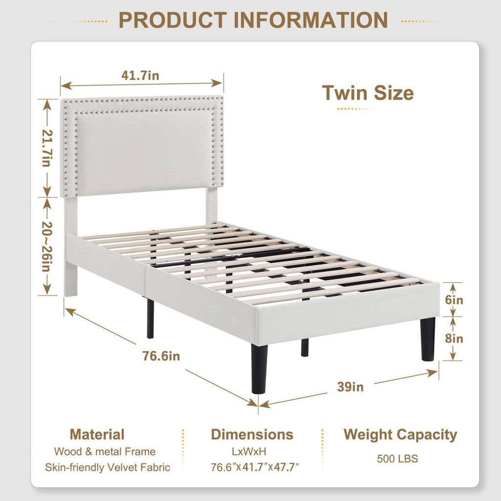Set of 2 - Twin size White Tufted Upholstered Platform Bed Frame with Headboard-4