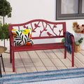 Red Steel Frame Outdoor Patio Garden Bench with Bird Branch Pattern Backrest-0