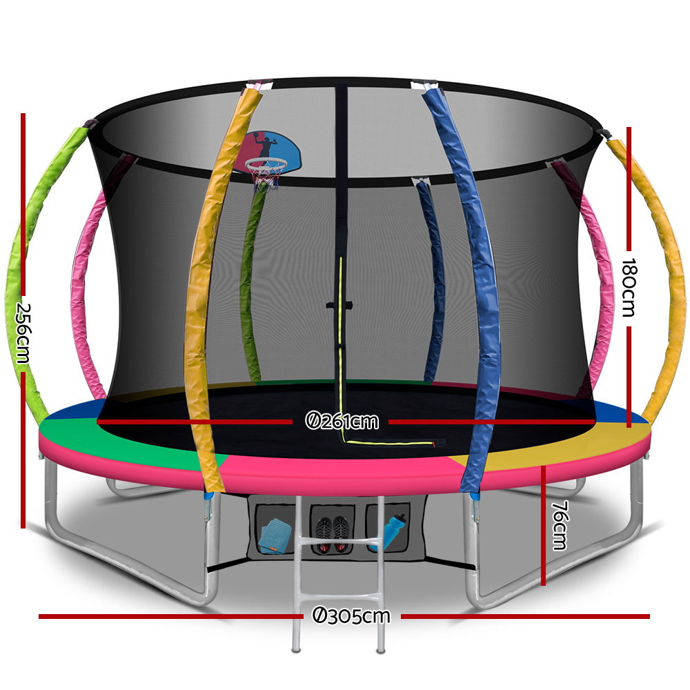 NNEDSZ 10FT Trampoline Round Trampolines With Basketball Hoop Kids Present Gift Enclosure Safety Net Pad Outdoor Multi-coloured-1