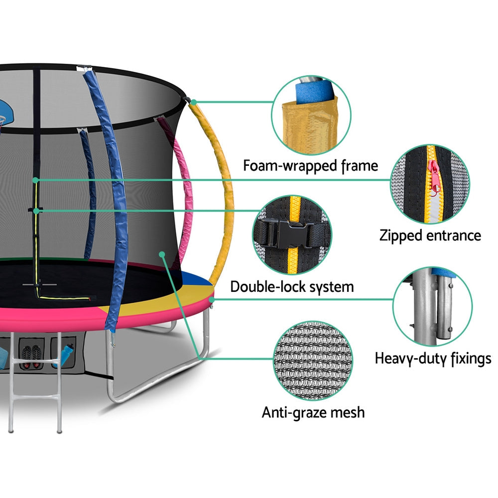 NNEDSZ 10FT Trampoline Round Trampolines With Basketball Hoop Kids Present Gift Enclosure Safety Net Pad Outdoor Multi-coloured-4