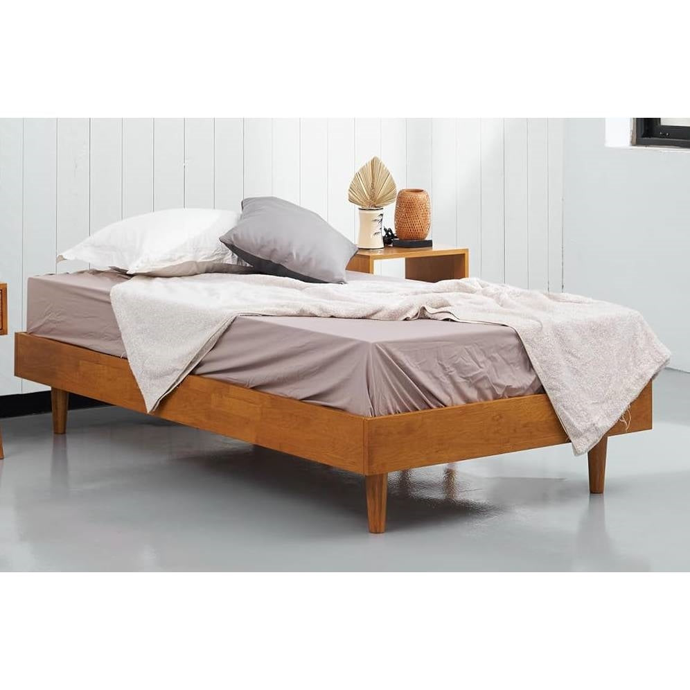 Twin size Mid-Century Modern Platform Bed Frame in Light Wood Finish-0