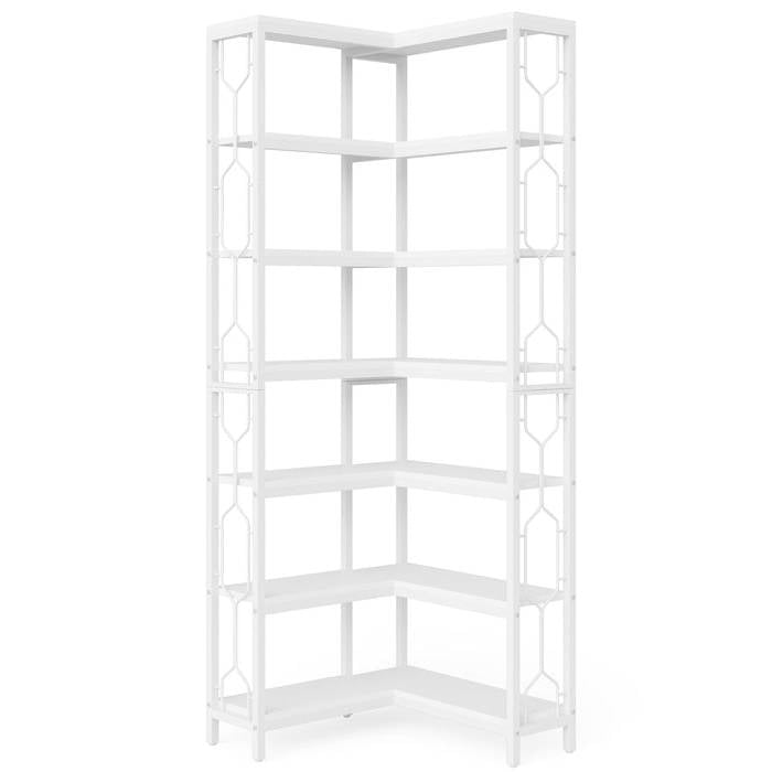 Industrial 7-Tier Metal/Wood Corner Bookcase in White-0