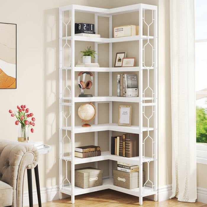 Industrial 7-Tier Metal/Wood Corner Bookcase in White-1