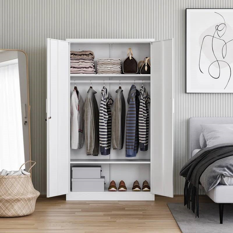 White Metal Locking Wardrobe Armoire Cabinet with Clothing Hanging Rod-0