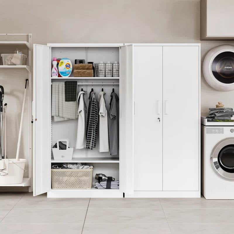 White Metal Locking Wardrobe Armoire Cabinet with Clothing Hanging Rod-1