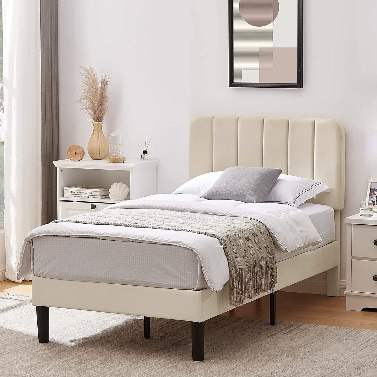 Twin size Beige Upholstered Platform Bed Frame with Headboard-0